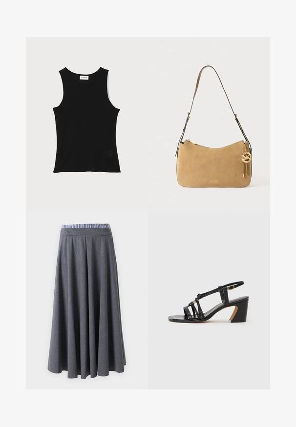 Juoda raštuota liemenėlė su apvaliu iškirpimu ir plačiomis petnešomis, turinti subtilų tekstūrinį paviršių ir mažą tinklelį prie apatinio krašto.; Aukštai liemenuoti, tamsiai pilki, plačių kojų kelnės su subtilia languota rašto ir mėlynos ir baltos juostelės juosmeniu, pakabintos priešais baltą foną.; Paul Smith AMIRA - Klasikiniai aukštakulniai - black; Smėlio spalvos zomšinė petinė rankinė su kreivomis formomis, auksinio tono detalėmis ir užtrauktuku. Pridedamas žavesys su inicialais "MK."