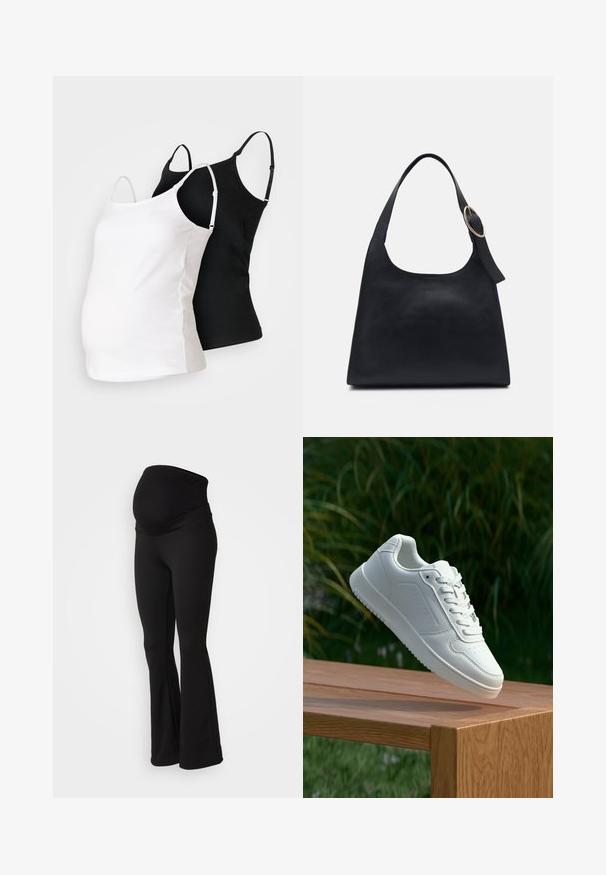 To graviditetstoppe i sort og hvid, lavet af blødt stof, med justerbare stropper og en tætsiddende design, der kan rumme en voksende mave.; Sorte graviditetsleggings med bred, strækbar talje, flagrende design og blød stofstruktur, der er velegnet til komfort og støtte.; Hvid sneaker med en glat syntetisk overdel, perforeret tåboks, flade snørebånd og en tekstureret sål, præsenteret på en træoverflade.; Sort læder tote taske med en glat overflade, rund form og en enkelt skulderrem med et cirkulært guld hardware-ornament.