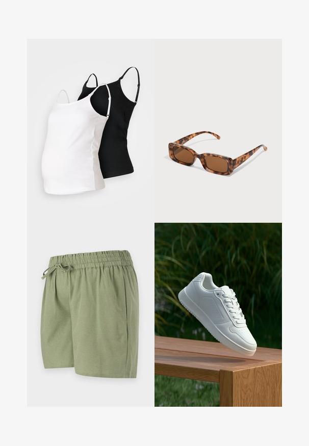 Dva tehotenské tankiny v čiernej a bielej farbe, vyrobené z mäkkej tkaniny, s nastaviteľnými ramienkami a priliehavým strihom, aby vyhovovali rastúcemu brušku.; Svetlozelené šortky vyrobené z mäkkého materiálu. Obsahujú elastický pás s šnúrkou, bočné vrecká a rovný strih.; Biele tenisky s hladkým syntetickým zvrškom, perforovanou špičkou, plochými šnúrkami a textúrovanou podrážkou, vystavené na drevenej ploche.; Rámik slnečných okuliarov z korytnačiny s obdĺžnikovými hnedými sklami, hrubým rámom a štíhlymi stranicami so vzorom rôznych odtieňov hnedej.; Hnedá umelá kožená taška cez rameno s zakriveným tvarom, minimalistickým šitím a zlatými akcentami. Obsahuje zips na vrchu a nastaviteľný popruh.