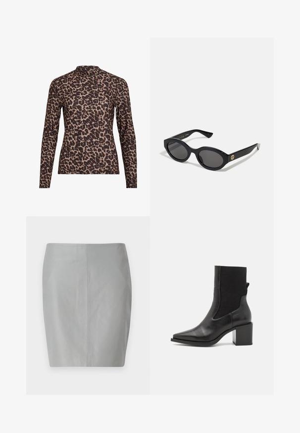 Leopardmønster langermet topp med høy hals, laget av elastisk stoff. Har en beige bakgrunn med brune flekker. Glatt tekstur, tettsittende design.; Grå lærblyantskjørt med en glatt tekstur, preget av et enkelt design og en sentral søm som går vertikalt nedover baksiden.; Svart ankelstøvel med spiss tå, laget av glatt lær og elastisk stoff. Har blokkhelt og minimalistisk design.; Sorte ovale solbriller med mørke linser og blank plastramme. Har gulllogo på stengene, og tilbyr et elegant og moderne design.; Blåmønstret håndveske laget av stoff, med buet form, svart lærreim og logodesign i en lysere nyanse.
