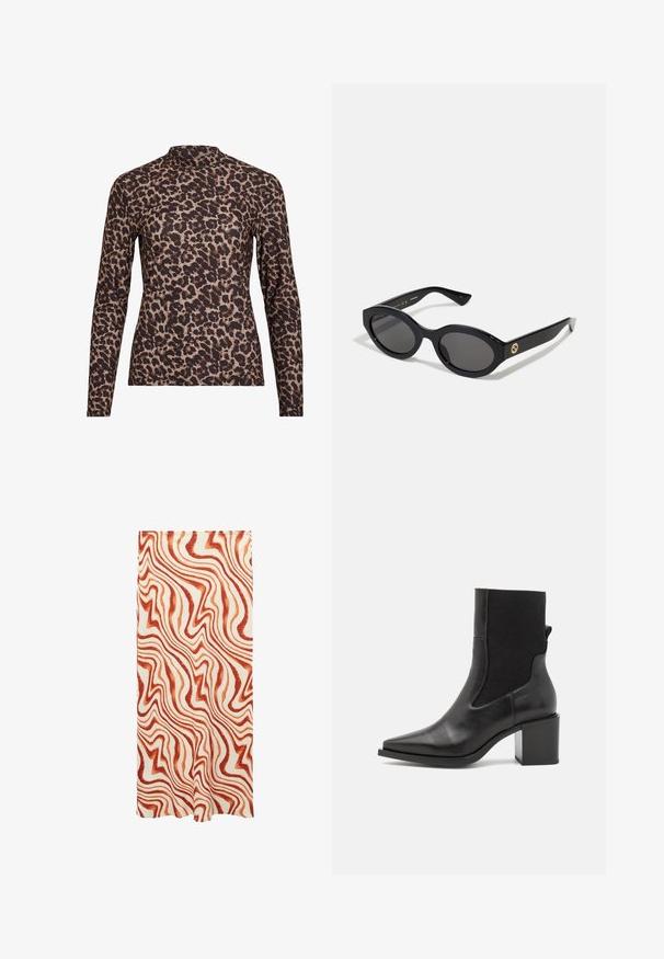 Langærmet top med leopardprint og høj hals, lavet af strækbart stof. Har en tan-basis med brune pletter. Glat tekstur, tætsiddende design.; Lang nederdel med et bølget mønster i rød og beige, lavet af glat stof med en let svajende silhuet. Kantene er let udvidet.; Sort ankelstøvle med spids tå, lavet af glat læder og elastisk stof. Har en blokhæl og minimalistisk design.; Sorte ovale solbriller med mørke linser og blank plastramme. Har et guldlogo på stykket, hvilket giver et slankt og moderne design.; Blå mønstret håndtaske lavet af stof, med en buet form, sort læderrem og logodesign i en lysere skygge.