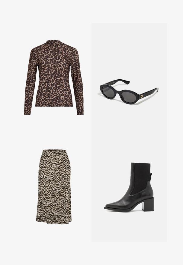 Langärmliges Oberteil mit Leopardenmuster und hohem Kragen, aus elastischem Stoff gefertigt. Hat einen beigefarbenen Grundton mit braunen Flecken. Glatte Textur, figurbetontes Design.; Leopardenmusterrock aus leichtem Material, mit einem elastischen Bund und einer ausgestellten Silhouette, die bis zur Mitte der Wade reicht.; Schwarze Stiefelette mit spitzem Schuhschnitt, aus glattem Leder und elastischem Stoff gefertigt. Mit Blockabsatz und minimalistischem Design.; Schwarze ovale Sonnenbrille mit dunklen Gläsern und glänzendem Kunststoffrahmen. Mit goldenem Logo am Bügel, das ein elegantes und modernes Design bietet.; Blau gemusterte Handtasche aus Stoff, mit geschwungener Form, schwarzem Ledergriff und Logo-Design in einem helleren Farbton.