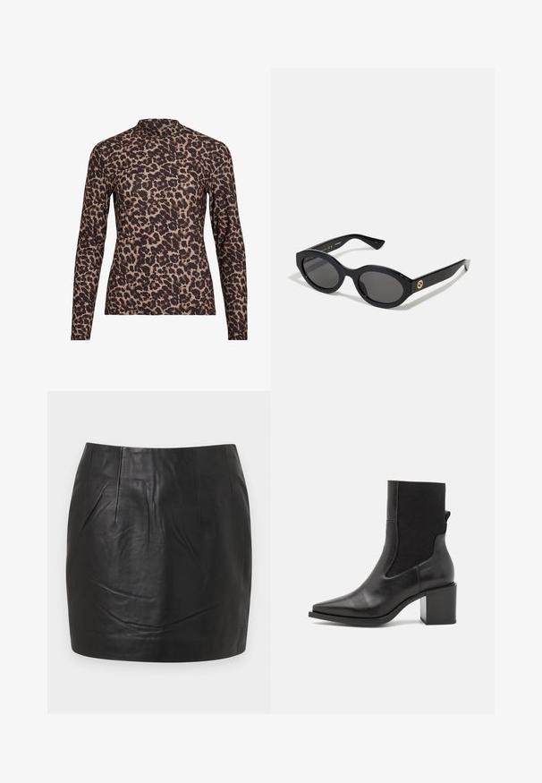 Leopardmønster langermet topp med høy hals, laget av elastisk stoff. Har en beige bakgrunn med brune flekker. Glatt tekstur, tettsittende design.; Svarte skinnminiskjørt med en jevn tekstur, synlige sømdetaljer, og en rett snittdesign. Ingen lommer eller dekorasjoner.; Svart ankelstøvel med spiss tå, laget av glatt lær og elastisk stoff. Har blokkhelt og minimalistisk design.; Sorte ovale solbriller med mørke linser og blank plastramme. Har gulllogo på stengene, og tilbyr et elegant og moderne design.; Blåmønstret håndveske laget av stoff, med buet form, svart lærreim og logodesign i en lysere nyanse.