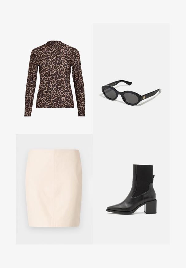Leopardikuvioinen pitkähihainen paita, jossa on korkea kaula, valmistettu joustavasta kankaasta. Hihnassa on vaalea pohja ruskeilla pilkuilla. Sileä rakenne, tiukka malli.; Beige joustava hame, jossa on sileä pinta ja puhtaat linjat. Ominaisuuksiin kuuluu keskikorkea vyötärö ja suora siluetti. Ei näkyviä kiinnityksiä tai koristeita.; Mustapohjaiset nilkkurit, joissa on terävä kärki, valmistettu sileästä nahasta ja joustavasta kankaasta. Varustettu palakorkolla ja minimalistisella muotoilulla.; Mustat soikeat aurinkolasit tummilla linsseillä ja kiiltävästä muovista valmistetulla kehällä. Varustettu kullanvärisellä logolla temppeleissä, tarjoten tyylikkään ja modernin muotoilun.; Sininen kuviollinen käsilaukku, joka on valmistettu kankaasta, ja siinä on kaareva muoto, musta nahkakahva sekä logo suunnittelu vaaleammassa sävyssä.