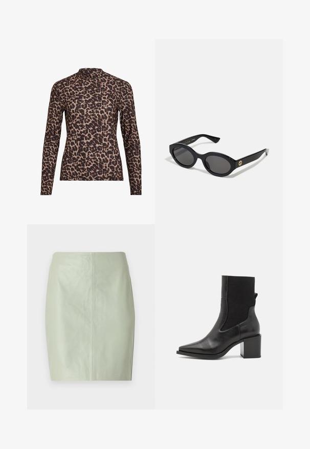 Langärmliges Oberteil mit Leopardenmuster und hohem Kragen, aus elastischem Stoff gefertigt. Hat einen beigefarbenen Grundton mit braunen Flecken. Glatte Textur, figurbetontes Design.; Mintgrüner Leder-Minirock mit glatter Textur, taillierter Passform und einer mittigen Naht, die vertikal auf der Rückseite verläuft.; Schwarze Stiefelette mit spitzem Schuhschnitt, aus glattem Leder und elastischem Stoff gefertigt. Mit Blockabsatz und minimalistischem Design.; Schwarze ovale Sonnenbrille mit dunklen Gläsern und glänzendem Kunststoffrahmen. Mit goldenem Logo am Bügel, das ein elegantes und modernes Design bietet.; Blau gemusterte Handtasche aus Stoff, mit geschwungener Form, schwarzem Ledergriff und Logo-Design in einem helleren Farbton.