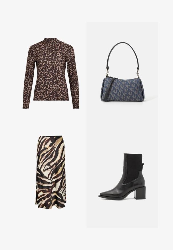 Top de manga larga con estampado de leopardo y cuello alto, fabricado en tejido elástico. Presenta una base beige con manchas marrones. Textura suave, diseño ajustado.; Larga falda de tela ligera con un audaz diseño de estampado animal en tonos marrón, negro y crema, con una textura suave y longitud hasta el tobillo.; Botín negro hasta el tobillo con punta afilada, hecho de cuero suave y tejido elástico. Presenta un tacón cuadrado y un diseño minimalista.; Bolso de mano de tela con un patrón azul, que presenta una forma curva, una correa de cuero negra y un diseño de logo en un tono más claro.