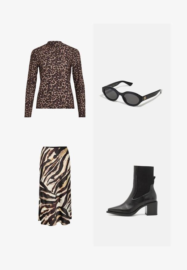 Langärmliges Oberteil mit Leopardenmuster und hohem Kragen, aus elastischem Stoff gefertigt. Hat einen beigefarbenen Grundton mit braunen Flecken. Glatte Textur, figurbetontes Design.; Lange Rock aus leichtem Stoff mit einem auffälligen, abstrakten Tierdruckdesign in Braun, Schwarz und Creme. Der Rock hat eine glatte Textur und reicht bis zum Knöchel.; Schwarze Stiefelette mit spitzem Schuhschnitt, aus glattem Leder und elastischem Stoff gefertigt. Mit Blockabsatz und minimalistischem Design.; Schwarze ovale Sonnenbrille mit dunklen Gläsern und glänzendem Kunststoffrahmen. Mit goldenem Logo am Bügel, das ein elegantes und modernes Design bietet.; Blau gemusterte Handtasche aus Stoff, mit geschwungener Form, schwarzem Ledergriff und Logo-Design in einem helleren Farbton.