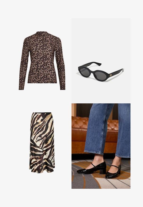 Camisola de manga longa em padrão de leopardo com gola alta, feita de tecido elástico. Apresenta uma base bege com manchas castanhas. Textura suave, design ajustado.; Saia longa em tecido leve com um ousado padrão de estampa animal em tons de marrom, preto e creme, com uma textura suave e comprimento até o tornozelo.; Sapatos de salto alto em verniz preto com bico fino, salto bloco e tira no tornozelo, usados com jeans de corte largo, em um tapete estampado.; Óculos de sol ovais pretos com lentes escuras e armação de plástico brilhante. Apresenta um logotipo dourado na haste, oferecendo um design elegante e moderno.; Bolsa de padrão azul feita de tecido, com um formato curvo, alça de couro preto e design de logotipo em uma tonalidade mais clara.