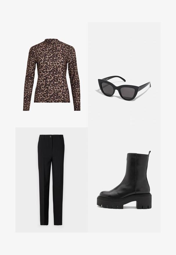 Ilgās piedurknēs leopardu raksta blūze ar augstu izgriezumu, izgatavota no elastīga auduma. Tam ir bēša pamatne ar brūniem plankumiem. Gluda faktūra, pieguļošs dizains.; Melni piegrieztie bikses ar taisnu kāju dizainu, ar pogu slēgšanu un jostu cilpām, izgatavotas no gludas auduma.; Melnas ādas potītes zābaki ar masīvu platformas zoli, ar gludu virsmu un cilpu aizmugurē, lai tos būtu viegli uzvilkt.; Melnas kaķa acs saulesbrilles ar matētu apdari, ar pelēkiem tonētiem stikliem, izteiktiem stūriem un elegantiem sānu rokturiem. Zīmola nosaukums redzams uz iekšējā roktura.; Sudraba acu soma ar mezglotu rokturi, taisnstūra forma, tekstūrēta virsma un rāvējslēdzēja aizvērums. Vienkāršs, mūsdienīgs dizains ar minimālām akcentu detaļām.