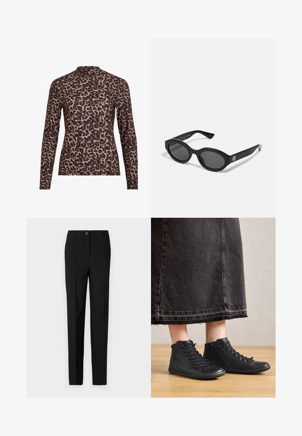 Leopardprint lange mouw top met een hoge hals, gemaakt van rekbare stof. Heeft een tan basis met bruine vlekken. Soepele textuur, aansluitend ontwerp.; Zwarte op maat gemaakte broek met een recht toegegeven ontwerp, voorzien van een knoopsluiting en riemlussen, gemaakt van gladde stof.; Zwarte leren hoge schoenen met een gladde textuur, met veters en een zijrits. G gedragen bij een lange zwarte spijkerrok.; Zwarte ovale zonnebril met donkere glazen en een glanzend kunststof frame. Heeft een gouden logo op de poot, dat een strakke en moderne uitstraling biedt.; Blauwe handtas met patroon van stof, met een gebogen vorm, zwarte leren schouderriem en logo ontwerp in een lichtere tint.