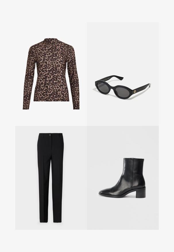Top a maniche lunghe con stampa leopardata e colletto alto, realizzato in tessuto elasticizzato. Presenta una base beige con macchie marroni. Texture liscia, design aderente.; Pantaloni neri su misura con un design a gamba dritta, dotati di chiusura a bottone e passanti per la cintura, realizzati in tessuto liscio.; Stivale alla caviglia in pelle nera con punta appuntita, tacco basso a blocco e logo impresso sottile. Texture liscia con un design elegante e cuciture minime.; Occhiali da sole neri a forma ovale con lenti scure e montatura in plastica lucida. Presentano un logo dorato sulla stanghetta, offrendo un design elegante e moderno.; Borsa a tracolla blu con motivo, realizzata in tessuto, caratterizzata da una forma curva, una tracolla in pelle nera e un logo in una tonalità più chiara.