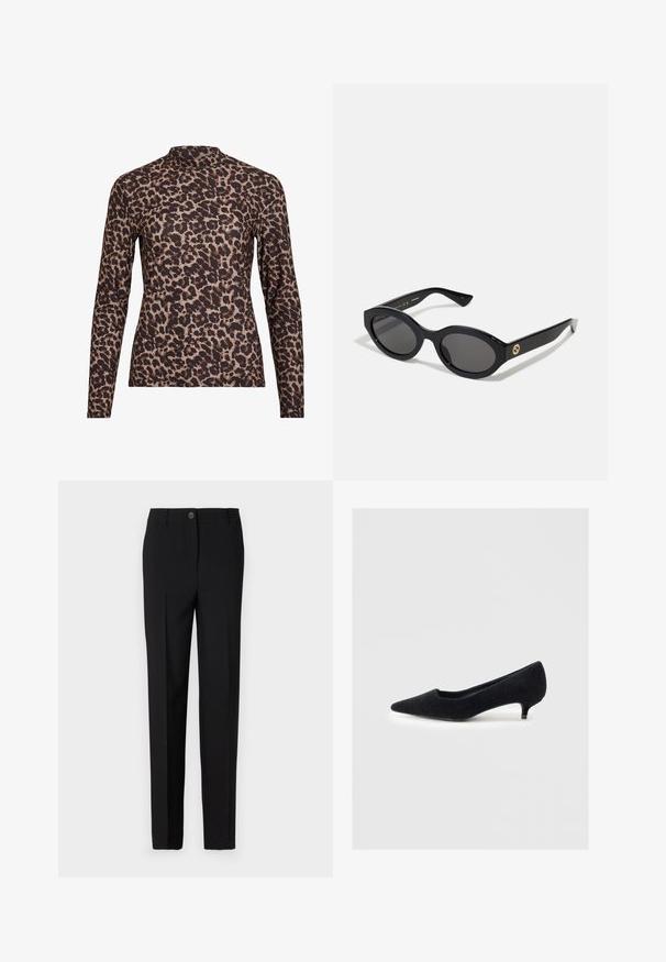 Camisola de manga longa em padrão de leopardo com gola alta, feita de tecido elástico. Apresenta uma base bege com manchas castanhas. Textura suave, design ajustado.; Calças pretas ajustadas com um design de perna reta, apresentando fecho de botão e passantes para cinto, feitas de tecido suave.; Sapato de salto preto, com bico fino, feito de um tecido suave com um acabamento texturizado e um salto curto e estreito. Design simples, sem adornos.; Óculos de sol ovais pretos com lentes escuras e armação de plástico brilhante. Apresenta um logotipo dourado na haste, oferecendo um design elegante e moderno.; Bolsa de padrão azul feita de tecido, com um formato curvo, alça de couro preto e design de logotipo em uma tonalidade mais clara.