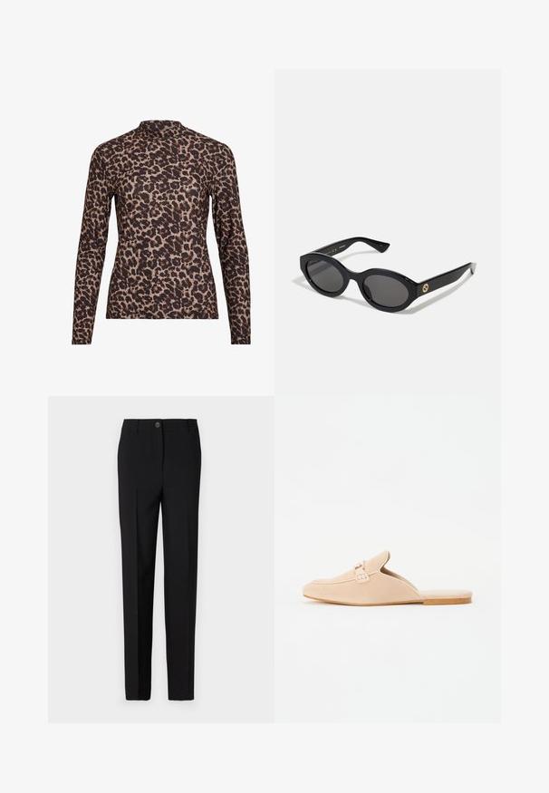 Leopard print long-sleeve top with a high neckline, made of stretchy fabric. Features a tan base with brown spots. Smooth texture, fitted design.; Black tailored trousers with a straight leg design, featuring a button fastening and belt loops, made from smooth fabric.; Beige suede slip-on loafers with a closed toe, featuring a decorative buckle detail and a flat cork sole. Smooth texture with minimal design.; Black oval sunglasses with dark lenses and glossy plastic frame. Features gold logo on the temple, offering a sleek and modern design.; Blue patterned handbag made of fabric, featuring a curved shape, black leather strap, and logo design in a lighter shade.