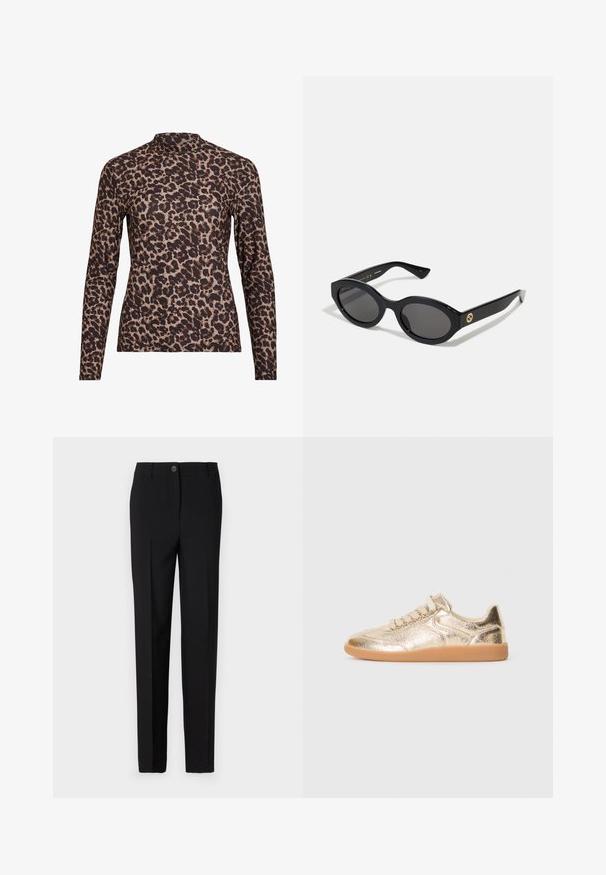 Leopardikuvioinen pitkähihainen paita, jossa on korkea kaula, valmistettu joustavasta kankaasta. Hihnassa on vaalea pohja ruskeilla pilkuilla. Sileä rakenne, tiukka malli.; Mustat muotolahkeiset housut, joissa on suora lahkeiden muotoilu, varustettuna nappikiinnityksellä ja vyölenkeillä, valmistettu sileästä kankaasta.; Alhaisen tason lenkkarit, joissa on metallinhohtoinen kultainen teksturoitu yläosa, beiget nauhat ja kuminen pohja, esitetty ulkopuolelta valkoista taustaa vasten.; Mustat soikeat aurinkolasit tummilla linsseillä ja kiiltävästä muovista valmistetulla kehällä. Varustettu kullanvärisellä logolla temppeleissä, tarjoten tyylikkään ja modernin muotoilun.; Kettő leopard mintás táska fekete műbőr alappal, dupla felső fogantyúval, arany cipzárral, és kiemelt fekete műbőr fülekkel. Téglalap alakú.