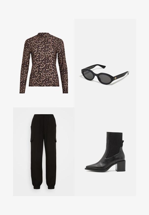 Leopardmønster langermet topp med høy hals, laget av elastisk stoff. Har en beige bakgrunn med brune flekker. Glatt tekstur, tettsittende design.; Svart cargo-bukser med avslappet passform, utstyrt med elastisk midje, snøring og sidelommer. Laget av lett materiale.; Svart ankelstøvel med spiss tå, laget av glatt lær og elastisk stoff. Har blokkhelt og minimalistisk design.; Sorte ovale solbriller med mørke linser og blank plastramme. Har gulllogo på stengene, og tilbyr et elegant og moderne design.; Blåmønstret håndveske laget av stoff, med buet form, svart lærreim og logodesign i en lysere nyanse.