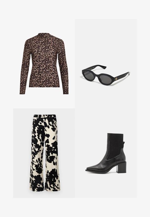 Top à manches longues en imprimé léopard avec un col haut, fabriqué en tissu extensible. Présente une base beige avec des taches brunes. Texture lisse, design ajusté.; SOMETHINGNEW COW PRINT TROUSERS - Pantalon classique - macadamia aopcort; Bottine noire avec un embout pointu, fabriquée en cuir lisse et en tissu élastique. Dotée d'un talon bloc et d'un design minimaliste.; Lunettes de soleil ovales noires avec des verres sombres et une monture en plastique brillant. Présente un logo doré sur la branche, offrant un design épuré et moderne.