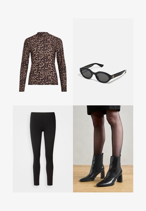 Camisola de manga longa em padrão de leopardo com gola alta, feita de tecido elástico. Apresenta uma base bege com manchas castanhas. Textura suave, design ajustado.; Leggings pretas feitos de tecido elástico com uma cintura sem costura, design justo ao corpo e textura suave, adequados para várias atividades.; Botas de tornozelo em couro preto com bico fino, salto quadrado robusto e design elegante. Apresenta painéis laterais elásticos para facilitar o calçar.; Óculos de sol ovais pretos com lentes escuras e armação de plástico brilhante. Apresenta um logotipo dourado na haste, oferecendo um design elegante e moderno.; Bolsa de padrão azul feita de tecido, com um formato curvo, alça de couro preto e design de logotipo em uma tonalidade mais clara.