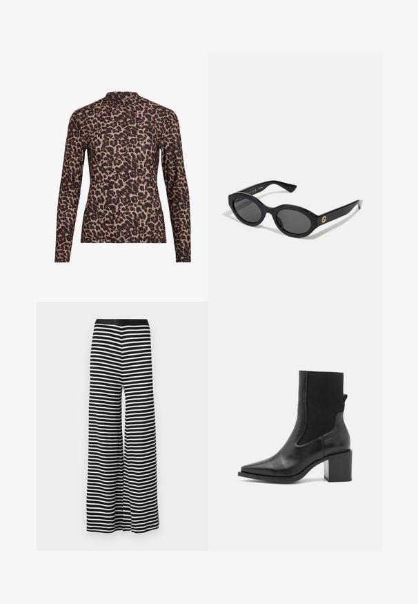 Top à manches longues en imprimé léopard avec un col haut, fabriqué en tissu extensible. Présente une base beige avec des taches brunes. Texture lisse, design ajusté.; Pantalons à larges rayures noires et blanches avec une texture lisse et une taille élastique, dotés d'une coupe décontractée et de détails de couture.; Bottine noire avec un embout pointu, fabriquée en cuir lisse et en tissu élastique. Dotée d'un talon bloc et d'un design minimaliste.; Lunettes de soleil ovales noires avec des verres sombres et une monture en plastique brillant. Présente un logo doré sur la branche, offrant un design épuré et moderne.; Sac à main en tissu à motif bleu, présentant une forme courbée, une sangle en cuir noir et un design de logo dans une teinte plus claire.