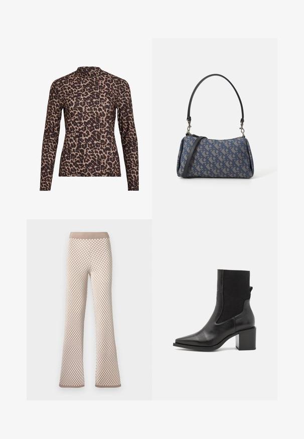 Duga majica s leopard uzorkom i visokim vratom, izrađena od rastezljivog materijala. Ima bež osnovu s smeškastim mrljama. Glatka tekstura, uski dizajn.; Bež i bijele karirane pletene hlače s elastičnim pojasom i blagim širenjem na gležnjevima na bijeloj pozadini.; Crne gležnjače s šiljastim nosom, izrađene od glatke kože i elastične tkanine. Imaju blok petu i minimalistički dizajn.; Plava torba s uzorkom izrađena od tkanine, s konveksnim oblikom, crnim kožnim remenom i dizajnom loga u svjetlijoj nijansi.