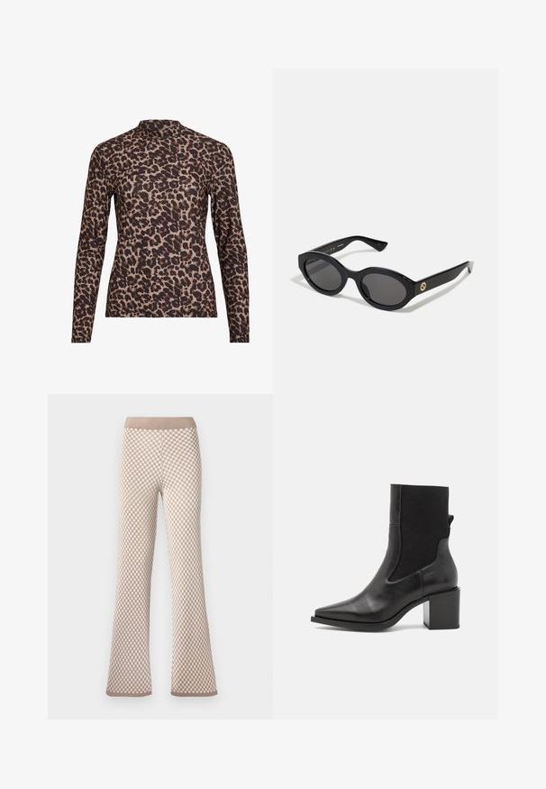 Leopardmønster langermet topp med høy hals, laget av elastisk stoff. Har en beige bakgrunn med brune flekker. Glatt tekstur, tettsittende design.; Beige og hvite rutete strikkede bukser med elastisk midje og lett flare ved anklene på hvit bakgrunn.; Svart ankelstøvel med spiss tå, laget av glatt lær og elastisk stoff. Har blokkhelt og minimalistisk design.; Sorte ovale solbriller med mørke linser og blank plastramme. Har gulllogo på stengene, og tilbyr et elegant og moderne design.; Blåmønstret håndveske laget av stoff, med buet form, svart lærreim og logodesign i en lysere nyanse.