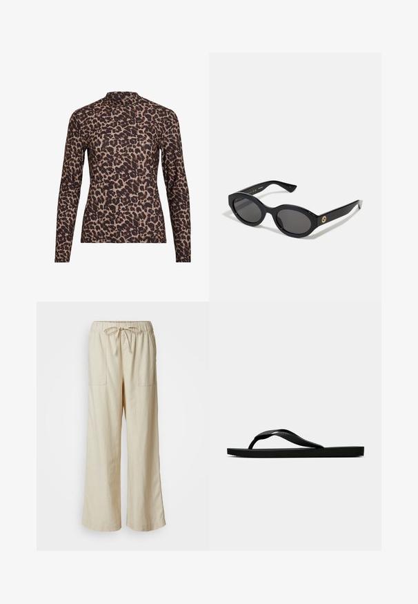 Top lung cu mânecă lungă, cu imprimeu leopard, având un gât înalt, realizat dintr-un material elastic. Are o bază bej cu pete maronii. Textură netedă, design ajustat.; Pantaloni lejeri bej din in cu talie elastică și șnur, având două buzunare frontale și un finisaj moale, texturat.; Sandala flip-flop din cauciuc negru, cu un bretele texturat și o talpă simplă și plată, prezentată din lateral pe un fundal simplu și deschis.; Ochelari de soare ovali negri cu lentile întunecate și ramă din plastic lucios. Prezintă un logo aurit pe bradă, oferind un design elegant și modern.; Geantă de mână cu un model albastru, confecționată din țesătură, având o formă curbată, curea din piele neagră și un design al logo-ului într-o nuanță mai deschisă.