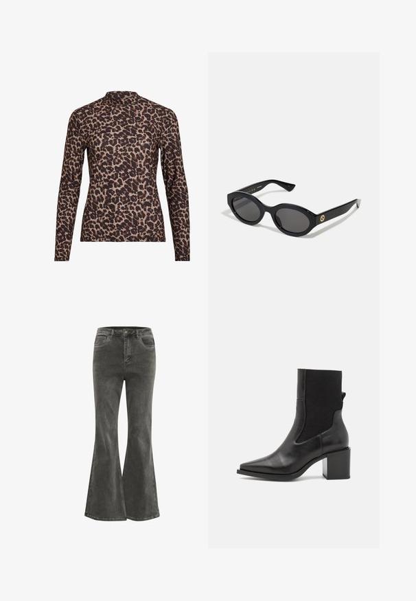 Leopardprint lange mouw top met een hoge hals, gemaakt van rekbare stof. Heeft een tan basis met bruine vlekken. Soepele textuur, aansluitend ontwerp.; Kaffe KASINEM - Flared Jeans - medium grey denim; Zwarte enkelboot met een spitse neus, gemaakt van soepel leer en elastische stof. Heeft een blokhak en een minimalistisch ontwerp.; Zwarte ovale zonnebril met donkere glazen en een glanzend kunststof frame. Heeft een gouden logo op de poot, dat een strakke en moderne uitstraling biedt.; Blauwe handtas met patroon van stof, met een gebogen vorm, zwarte leren schouderriem en logo ontwerp in een lichtere tint.