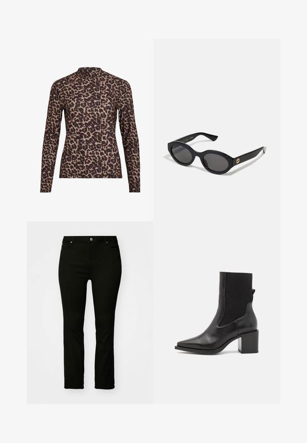Duga majica s leopard uzorkom i visokim vratom, izrađena od rastezljivog materijala. Ima bež osnovu s smeškastim mrljama. Glatka tekstura, uski dizajn.; Crne traperice od denima s ravnim krojem, dizajnom s pet džepova, metalnim gumbom i suptilnim detaljima šivanja. Glatka tekstura, svestran stil.; Crne gležnjače s šiljastim nosom, izrađene od glatke kože i elastične tkanine. Imaju blok petu i minimalistički dizajn.; Crne ovalne sunčane naočale s tamnim staklima i sjajnim plastičnim okvirom. Sadrže zlatni logotip na sljepoočnici, što pruža elegantan i moderni dizajn.; Plava torba s uzorkom izrađena od tkanine, s konveksnim oblikom, crnim kožnim remenom i dizajnom loga u svjetlijoj nijansi.