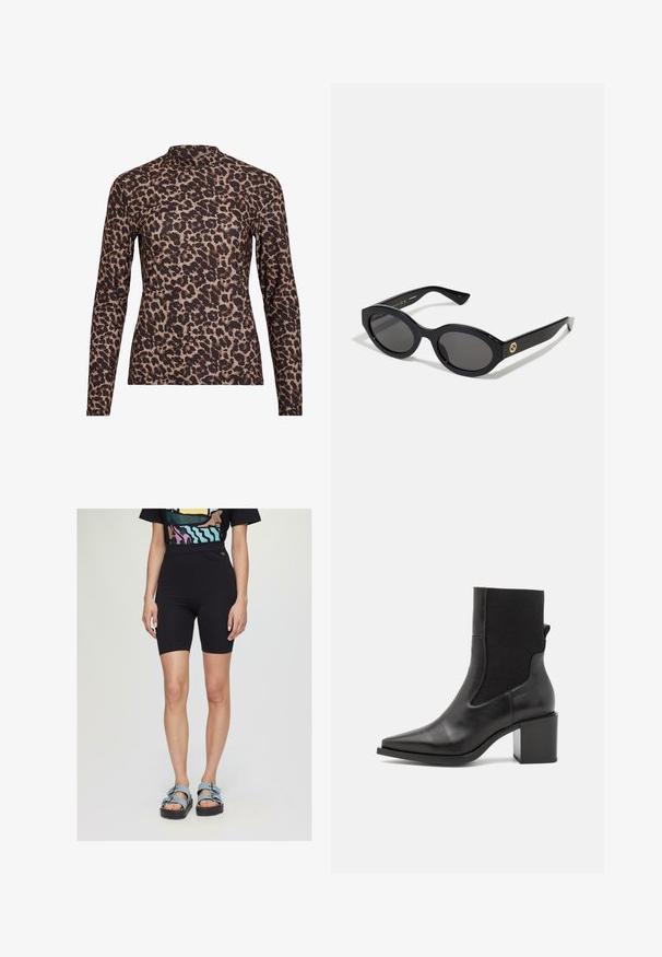 Top à manches longues en imprimé léopard avec un col haut, fabriqué en tissu extensible. Présente une base beige avec des taches brunes. Texture lisse, design ajusté.; Shorts de vélo noirs à taille haute, texture lisse, associés à des sandales bleues avec des sangles à boucle et une semelle épaisse.; Bottine noire avec un embout pointu, fabriquée en cuir lisse et en tissu élastique. Dotée d'un talon bloc et d'un design minimaliste.; Lunettes de soleil ovales noires avec des verres sombres et une monture en plastique brillant. Présente un logo doré sur la branche, offrant un design épuré et moderne.; Sac à main en tissu à motif bleu, présentant une forme courbée, une sangle en cuir noir et un design de logo dans une teinte plus claire.