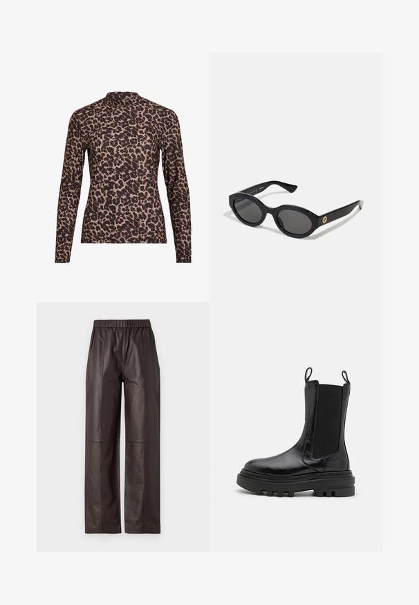 Langärmliges Oberteil mit Leopardenmuster und hohem Kragen, aus elastischem Stoff gefertigt. Hat einen beigefarbenen Grundton mit braunen Flecken. Glatte Textur, figurbetontes Design.; Braune Leder-Hosen mit weitem Bein, elastischem Bund und glatter Textur, die über eine Nahtdetails an Vorder- und Rückseite verfügen.; Schwarze Knöchelstiefel mit glänzendem Lederfinish, elastischen Seitenpaneelen, Ziehlaschen und einer dicken, strukturierten Gummisohle. Klobiges Design, elegante Silhouette.; Schwarze ovale Sonnenbrille mit dunklen Gläsern und glänzendem Kunststoffrahmen. Mit goldenem Logo am Bügel, das ein elegantes und modernes Design bietet.; Blau gemusterte Handtasche aus Stoff, mit geschwungener Form, schwarzem Ledergriff und Logo-Design in einem helleren Farbton.