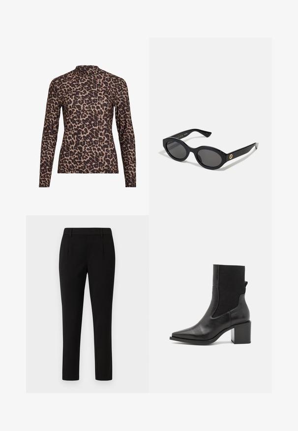 Top a maniche lunghe con stampa leopardata e colletto alto, realizzato in tessuto elasticizzato. Presenta una base beige con macchie marroni. Texture liscia, design aderente.; Pantaloni neri su misura con un design a gamba dritta, realizzati in tessuto liscio. Caratterizzati da una parte anteriore piatta, passanti per cintura e senza tasche.; Stivale nero alla caviglia con punta affusolata, realizzato in pelle liscia e tessuto elastico. Caratterizzato da un tacco a blocco e un design minimalista.; Occhiali da sole neri a forma ovale con lenti scure e montatura in plastica lucida. Presentano un logo dorato sulla stanghetta, offrendo un design elegante e moderno.