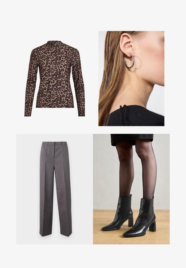Dlhý rukáv s potlačou leopardího vzoru a vysokým golierom, vyrobený z elastického materiálu. Má pieskovú základňu s hnedými škvrnami. Hladká textúra, priliehavý strih.; Sivé nohavice z prispôsobeného strihu vyrobené z textúrovaného materiálu, s rovnými nohavicami, plochým predným dielom a pútkami na opasok.; Čierne kožené členkové topánky s špicatou špičkou, robustný štvorcový opätok a elegantný dizajn. Obsahujú elastické bočné panely pre jednoduché obúvanie.; Strieborná kruhová náušnica s lesklým povrchom, obsahujúca malé zlaté akcenty a okrúhly tvar, nosená na lalôčiku ucha.
