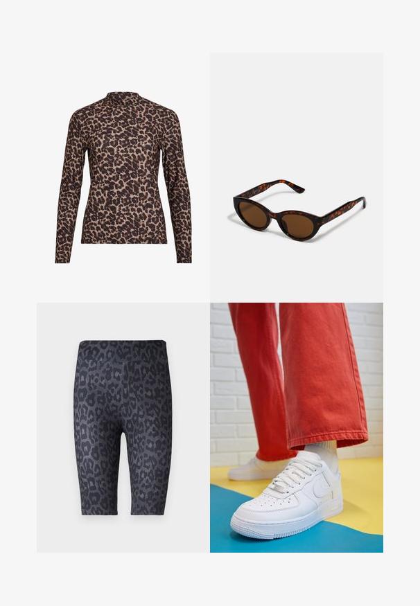 Camisola de manga longa em padrão de leopardo com gola alta, feita de tecido elástico. Apresenta uma base bege com manchas castanhas. Textura suave, design ajustado.; Calças curtas pretas com um padrão de estampa de leopardo em diferentes tons de cinza. Feitas de um tecido macio e elástico com uma textura suave.; Sapatilha de couro branca com biqueira perfurada, sola texturizada e atacadores brancos, combinada com calças largas vermelhas e um fundo azul e amarelo.; Óculos de sol tortoiseshell castanhos com um formato vintage de olho de gato e lentes castanhas. Apresenta braços curvados com acentos vermelhos.; Saco hobo preto feito de um material semelhante a couro liso, com uma alça torcida, apresentando uma forma suave e arredondada e um fecho superior em zip.; Brincos em argola dourados com um acabamento liso e brilhante. Design circular com um pequeno pino e suporte transparente para um uso seguro.