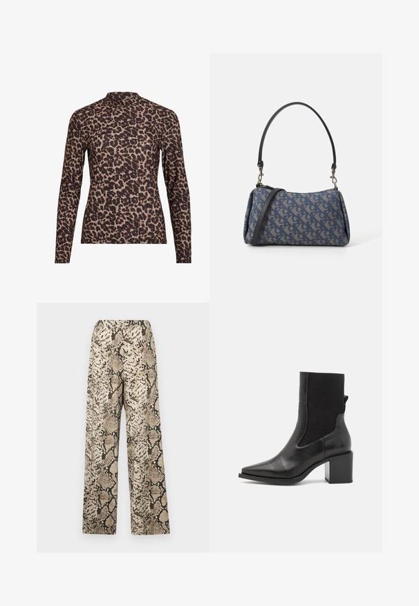 Leopardmønster langermet topp med høy hals, laget av elastisk stoff. Har en beige bakgrunn med brune flekker. Glatt tekstur, tettsittende design.; Bredde bukser med et beige og svart slangeskinnmønster. Materialet er glatt med en lett tekstur. Elastisk midjebånd.; Svart ankelstøvel med spiss tå, laget av glatt lær og elastisk stoff. Har blokkhelt og minimalistisk design.; Blåmønstret håndveske laget av stoff, med buet form, svart lærreim og logodesign i en lysere nyanse.