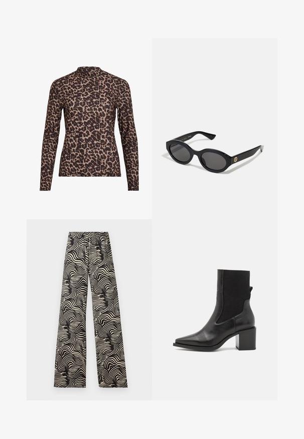 Leopardprint lange mouw top met een hoge hals, gemaakt van rekbare stof. Heeft een tan basis met bruine vlekken. Soepele textuur, aansluitend ontwerp.; Wijde broek met een monochrome, gedraaide patroon. Het materiaal lijkt lichtgewicht met een textuurafwerking; voorzien van een hoge, elastische tailleband.; Zwarte enkelboot met een spitse neus, gemaakt van soepel leer en elastische stof. Heeft een blokhak en een minimalistisch ontwerp.; Zwarte ovale zonnebril met donkere glazen en een glanzend kunststof frame. Heeft een gouden logo op de poot, dat een strakke en moderne uitstraling biedt.; Blauwe handtas met patroon van stof, met een gebogen vorm, zwarte leren schouderriem en logo ontwerp in een lichtere tint.