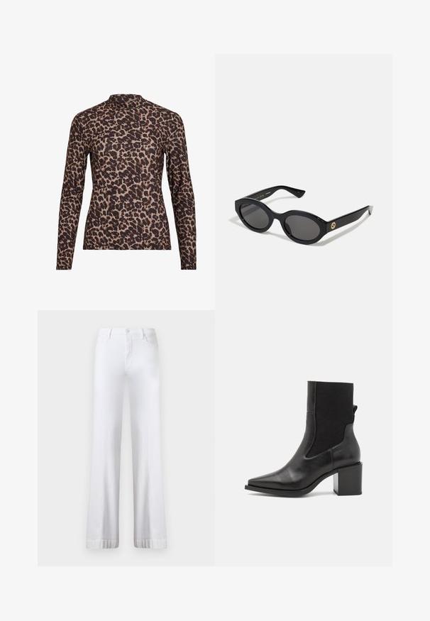 Bluza z dolgimi rokavi z leopardjim vzorcem in visokim ovratnikom, izdelana iz elastičnega materiala. Ima peščeno osnovo z rjavimi lisami. Gladka tekstura, prilega se telesu.; Bele široke hlače iz denima z visokim pasom, s katerimi se zaklepa z gumbom, petimi žepi in zapognjenimi roba. Narejene iz denim tkanine.; Črne gležnarske škornje s koničastim nosom, narejene iz gladkega usnja in elastike. Opremljene so z blok stolčkom in minimalističnim dizajnom.; Črne ovalne sončna očala s temnimi lečami in sijočim plastičnim okvirjem. Imajo zlat logo na robu, kar ponuja eleganten in sodoben oblikovalski pristop.; Modra torbica s vzorom iz blaga, ki ima ukrivljeno obliko, črn usnjen trak in logotip v svetlejši odtenek.