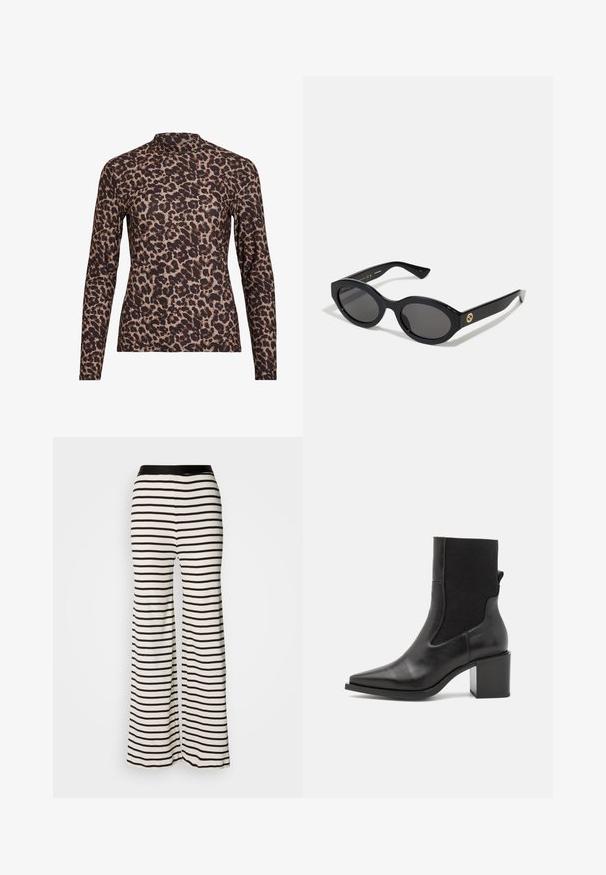 Leopardų rašto ilgos rankovės marškiniai su aukštu apykakle, pagaminti iš elastingos medžiagos. Pagrindas smėlinis su rudomis dėmėmis. Lygus paviršius, aptemptas dizainas.; Dryžuotos plačios klešnės su juodu liemeniu. Pagamintos iš lengvo audinio, su horizontaliais juodais ir baltais dryžiais.; Juodos aulinukai iki kulkšnies, su smailiu pirštu, pagaminti iš lygaus odos ir elastingos medžiagos. Turi kvadratinį kulniuką ir minimalistinį dizainą.; Juodos ovalios saulės akinių su tamsiais lęšiais ir blizgia plastiko apvadu. Su auksiniu logotipu ant šventyklos, siūlo elegantišką ir modernų dizainą.; Mėlyna audinio rankinė su raštu, turinti išlenktą formą, juodą odinį dirželį ir logotipo dizainą šviesesnėmis spalvomis.