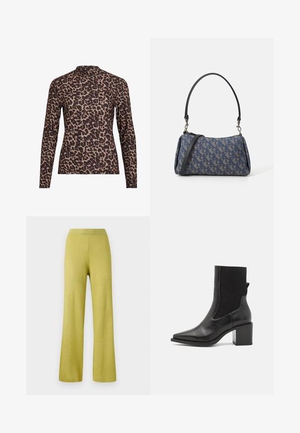 Duga majica s leopard uzorkom i visokim vratom, izrađena od rastezljivog materijala. Ima bež osnovu s smeškastim mrljama. Glatka tekstura, uski dizajn.; Žute rebraste pletene hlače sa opuštenim krojem, širokim nogavicama i elastičnom sredinom. Tekstura izgleda meko i rastezljivo.; Crne gležnjače s šiljastim nosom, izrađene od glatke kože i elastične tkanine. Imaju blok petu i minimalistički dizajn.; Plava torba s uzorkom izrađena od tkanine, s konveksnim oblikom, crnim kožnim remenom i dizajnom loga u svjetlijoj nijansi.