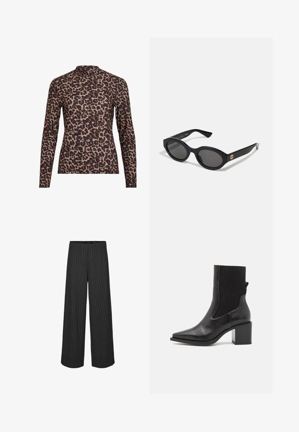 Ilgās piedurknēs leopardu raksta blūze ar augstu izgriezumu, izgatavota no elastīga auduma. Tam ir bēša pamatne ar brūniem plankumiem. Gluda faktūra, pieguļošs dizains.; Melni platā stila bikses ar vertikālām baltām svītrām, ar pielāgotu dizainu un gludu tekstūru. Nav redzamu kabatu vai metalizētu detaļu.; Melnas potītes botas ar norādītu purngalu, izgatavotas no gludas ādas un elastīgas auduma. Ievērojamas ar bloku papēdi un minimālistisku dizainu.; Melnas ovālās saulesbrilles ar tumšiem stikliem un spīdīgu plastmasas rāmi. Iezīmētas ar zelta logo uz tempļa, nodrošinot elegantu un modernu dizainu.; Zila ar rakstu somiņa, kas izgatavota no auduma, ar izliekta formu, melnu ādas siksnu un logotipa dizainu gaišākā tonī.