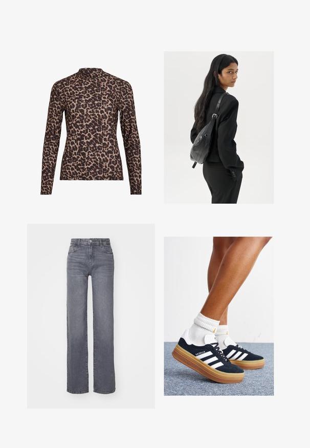 Top s dlouhým rukávem s leopardím potiskem a vysokým výstřihem, vyrobený z elastického materiálu. Má písečný základ s hnědými skvrnami. Hladká textura, přiléhavý střih.; Šedé široké džíny vyrobené z džínoviny s hladkou texturou, s knoflíkovým a zipovým zapínáním a pěti kapsami.; Černé semišové tenisky s bílými pruhy a detaily, zaoblenou špičkou, podrážkou z gumy barvy žvýkačky, doplněné bílými žebrovanými ponožkami ke kotníkům.; Žena s dlouhými tmavými vlasy, oblečená v černém obleku, nese černou koženou kabelku přes rameno a dívá se přes rameno na bílém pozadí.; Stříbrné kruhové náušnice s hladkým, lesklým povrchem. Kulatý tvar a bezpečné zapínání na klip. Lehký design vhodný pro každodenní nošení.