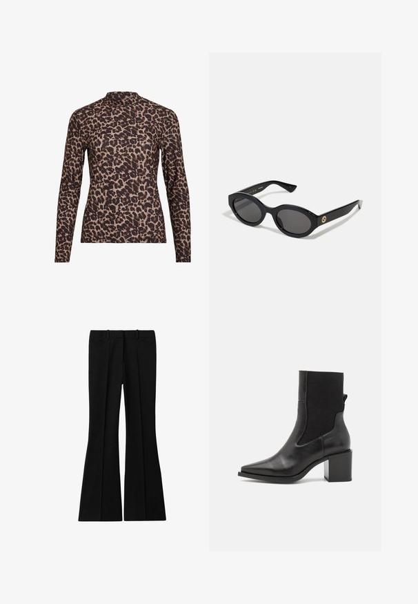 Leopard print long-sleeve top with a high neckline, made of stretchy fabric. Features a tan base with brown spots. Smooth texture, fitted design.; Reiss GABI FLARED  - Trousers - black; Black ankle boot with a pointed toe, made of smooth leather and elastic fabric. Features a block heel and minimalist design.; Black oval sunglasses with dark lenses and glossy plastic frame. Features gold logo on the temple, offering a sleek and modern design.; Blue patterned handbag made of fabric, featuring a curved shape, black leather strap, and logo design in a lighter shade.
