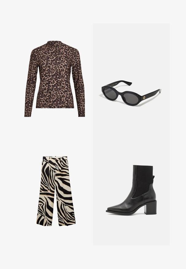 Bluzka z długim rękawem w panterkę z wysokim dekoltem, wykonana z elastycznego materiału. Posiada beżową bazę z brązowymi plamami. Gładka faktura, dopasowany krój.; Czarno-białe spodnie typu wide-leg w wzór zebry z plisami, o gładkiej teksturze i wysokim stanie dla komfortu.; Czarny botek za kostkę z zaostrzonym noskiem, wykonany z gładkiej skóry i elastycznego materiału. Posiada blokowy obcas i minimalistyczny design.; Czarne okulary przeciwsłoneczne w owalnym kształcie z ciemnymi szkłami i błyszczącą plastikową oprawką. Posiadają złote logo na zausznniku, co nadaje im elegancki i nowoczesny wygląd.; Niebieska torebka wzorzysta, wykonana z tkaniny, o zaokrąglonym kształcie, z czarnym skórzanym uchwytem i logo zaprojektowanym w jaśniejszym odcieniu.