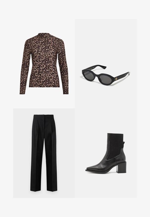 Leopardmønster langermet topp med høy hals, laget av elastisk stoff. Har en beige bakgrunn med brune flekker. Glatt tekstur, tettsittende design.; Sorte bukser laget av vevd stoff, med et skreddersydd design med folder, rett ben og flat front. Holdbart og glatt tekstur.; Svart ankelstøvel med spiss tå, laget av glatt lær og elastisk stoff. Har blokkhelt og minimalistisk design.; Sorte ovale solbriller med mørke linser og blank plastramme. Har gulllogo på stengene, og tilbyr et elegant og moderne design.; Blåmønstret håndveske laget av stoff, med buet form, svart lærreim og logodesign i en lysere nyanse.