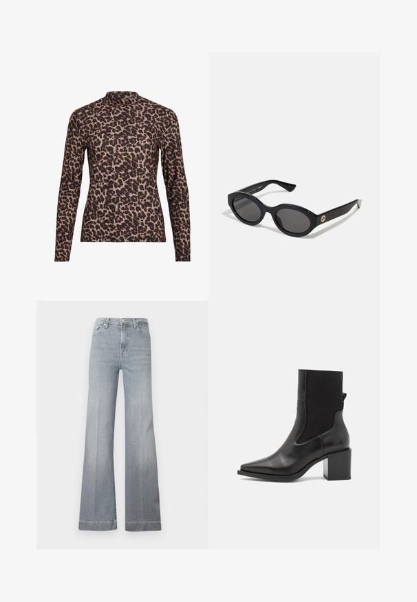 Leopardų rašto ilgos rankovės marškiniai su aukštu apykakle, pagaminti iš elastingos medžiagos. Pagrindas smėlinis su rudomis dėmėmis. Lygus paviršius, aptemptas dizainas.; Šviesiai pilki, aukštu liemeniu, platėjantys džinsai iš džinsinio audinio. Turi penkias kišenes, priekiniu mygtuko užsegimu ir tvarkingu apdaila su subtiliu blukimu prie kojų.; Juodos aulinukai iki kulkšnies, su smailiu pirštu, pagaminti iš lygaus odos ir elastingos medžiagos. Turi kvadratinį kulniuką ir minimalistinį dizainą.; Juodos ovalios saulės akinių su tamsiais lęšiais ir blizgia plastiko apvadu. Su auksiniu logotipu ant šventyklos, siūlo elegantišką ir modernų dizainą.; Mėlyna audinio rankinė su raštu, turinti išlenktą formą, juodą odinį dirželį ir logotipo dizainą šviesesnėmis spalvomis.