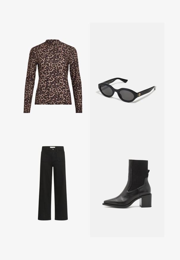 Top à manches longues en imprimé léopard avec un col haut, fabriqué en tissu extensible. Présente une base beige avec des taches brunes. Texture lisse, design ajusté.; Kaffe KABROOK HW REG FIT - Jean flare - black deep; Bottine noire avec un embout pointu, fabriquée en cuir lisse et en tissu élastique. Dotée d'un talon bloc et d'un design minimaliste.; Lunettes de soleil ovales noires avec des verres sombres et une monture en plastique brillant. Présente un logo doré sur la branche, offrant un design épuré et moderne.; Sac à main en tissu à motif bleu, présentant une forme courbée, une sangle en cuir noir et un design de logo dans une teinte plus claire.