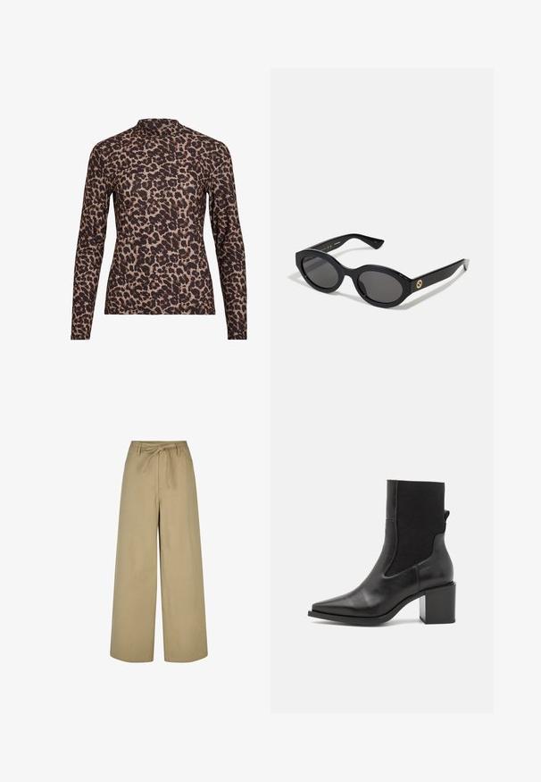 Top lung cu mânecă lungă, cu imprimeu leopard, având un gât înalt, realizat dintr-un material elastic. Are o bază bej cu pete maronii. Textură netedă, design ajustat.; Pantaloni largi bej cu talie înaltă, șnur de ajusteare și două buzunare laterale, confecționați dintr-un material neted și ușor.; Cizmă ankle neagră cu vârf ascuțit, fabricată din piele netedă și țesătură elastică. Prezintă un toc pătrat și un design minimalist.; Ochelari de soare ovali negri cu lentile întunecate și ramă din plastic lucios. Prezintă un logo aurit pe bradă, oferind un design elegant și modern.; Geantă de mână cu un model albastru, confecționată din țesătură, având o formă curbată, curea din piele neagră și un design al logo-ului într-o nuanță mai deschisă.