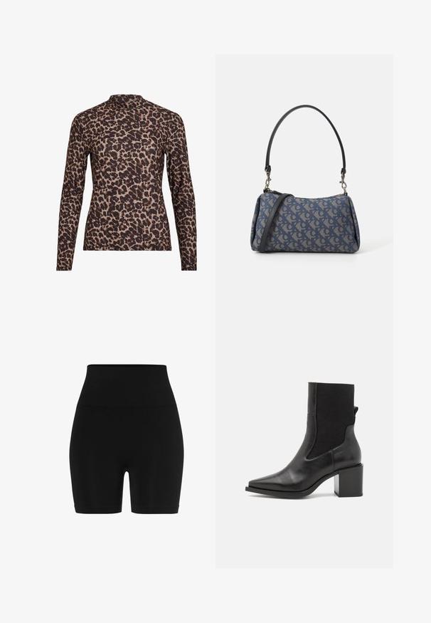 Bluzka z długim rękawem w panterkę z wysokim dekoltem, wykonana z elastycznego materiału. Posiada beżową bazę z brązowymi plamami. Gładka faktura, dopasowany krój.; Czarne szorty z wysokim stanem wykonane z elastycznego materiału. Posiadają szeroki elastyczny pas oraz dopasowany krój o gładkiej fakturze.; Czarny botek za kostkę z zaostrzonym noskiem, wykonany z gładkiej skóry i elastycznego materiału. Posiada blokowy obcas i minimalistyczny design.; Niebieska torebka wzorzysta, wykonana z tkaniny, o zaokrąglonym kształcie, z czarnym skórzanym uchwytem i logo zaprojektowanym w jaśniejszym odcieniu.
