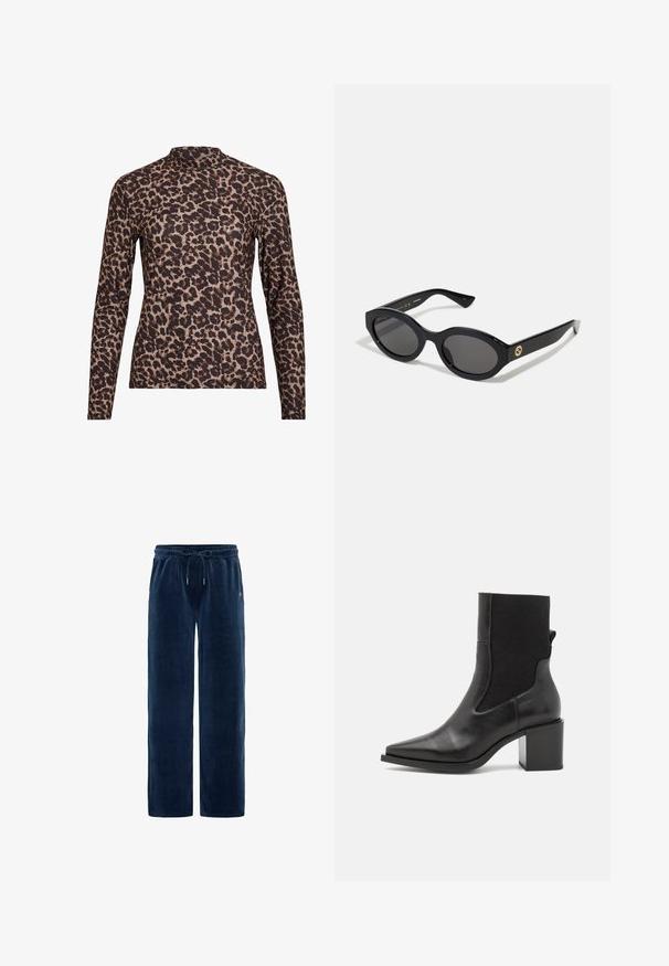 Ilgās piedurknēs leopardu raksta blūze ar augstu izgriezumu, izgatavota no elastīga auduma. Tam ir bēša pamatne ar brūniem plankumiem. Gluda faktūra, pieguļošs dizains.; Jūras spēku krāsas korduroja bikses ar brīvu piegriezumu, elastīgu jostu, regulējamu auklu un divām sānu kabatām. Vertikāla ribota tekstūra visā virsmā.; Melnas potītes botas ar norādītu purngalu, izgatavotas no gludas ādas un elastīgas auduma. Ievērojamas ar bloku papēdi un minimālistisku dizainu.; Melnas ovālās saulesbrilles ar tumšiem stikliem un spīdīgu plastmasas rāmi. Iezīmētas ar zelta logo uz tempļa, nodrošinot elegantu un modernu dizainu.; Zila ar rakstu somiņa, kas izgatavota no auduma, ar izliekta formu, melnu ādas siksnu un logotipa dizainu gaišākā tonī.