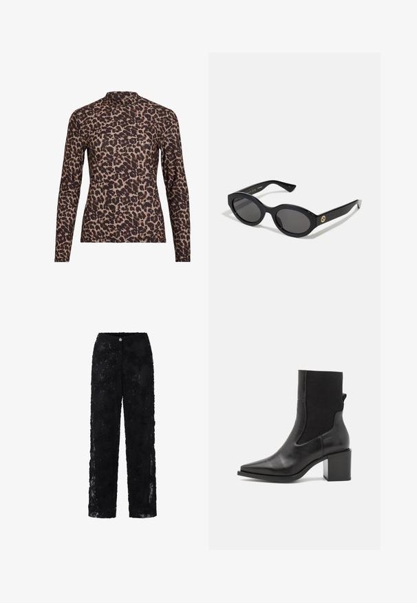 Langærmet top med leopardprint og høj hals, lavet af strækbart stof. Har en tan-basis med brune pletter. Glat tekstur, tætsiddende design.; Sorte blondebukser med blomsterdesign og detaljer, lige ben, og knaplukning foran. Let og semi-gennemsigtig tekstur.; Sort ankelstøvle med spids tå, lavet af glat læder og elastisk stof. Har en blokhæl og minimalistisk design.; Sorte ovale solbriller med mørke linser og blank plastramme. Har et guldlogo på stykket, hvilket giver et slankt og moderne design.; Blå mønstret håndtaske lavet af stof, med en buet form, sort læderrem og logodesign i en lysere skygge.