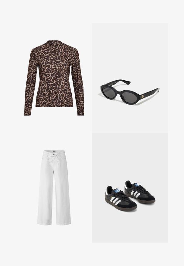 Langärmliges Oberteil mit Leopardenmuster und hohem Kragen, aus elastischem Stoff gefertigt. Hat einen beigefarbenen Grundton mit braunen Flecken. Glatte Textur, figurbetontes Design.; Weiße, weite Jeanshosen aus Denim mit verstellbarem Bund, seitlichen Taschen und Knopfverschluss. Glatte Textur und schlichtes Design.; Schwarze Sneaker mit einem Obermaterial aus Wildleder und Synthetik, ausgestattet mit drei weißen Streifen, einer strukturierten Gummi-Sohle und einem blauen Logo-Tag auf der Zunge.; Schwarze ovale Sonnenbrille mit dunklen Gläsern und glänzendem Kunststoffrahmen. Mit goldenem Logo am Bügel, das ein elegantes und modernes Design bietet.; Blau gemusterte Handtasche aus Stoff, mit geschwungener Form, schwarzem Ledergriff und Logo-Design in einem helleren Farbton.