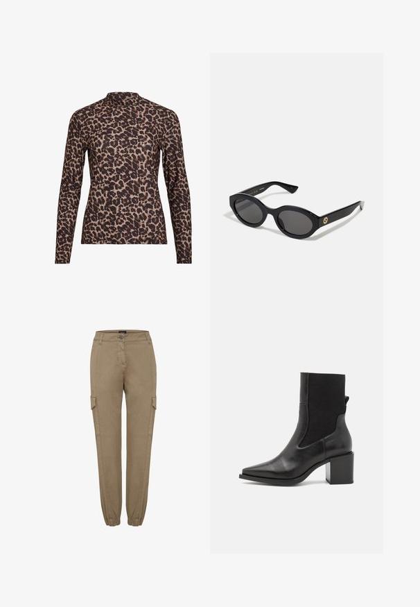 Top s dlouhým rukávem s leopardím potiskem a vysokým výstřihem, vyrobený z elastického materiálu. Má písečný základ s hnědými skvrnami. Hladká textura, přiléhavý střih.; Béžové cargo kalhoty se rovnými nohavicemi a elastickými manžetami, s bočními kapsami a zapínáním na knoflíky v pase. Vyrobeny z měkké, strukturované látky.; Černé kotníkové boty s špičatou špičkou, vyrobené z hladké kůže a elastické tkaniny. Mají blokový podpatek a minimalistický design.; Černé oválné sluneční brýle s tmavými skly a lesklým plastovým rámem. Obsahují zlaté logo na straně, které poskytuje elegantní a moderní design.; Modrá vzorovaná taška vyrobená z látky, s oblým tvarem, černým koženým popruhem a logem v světlejším odstínu.